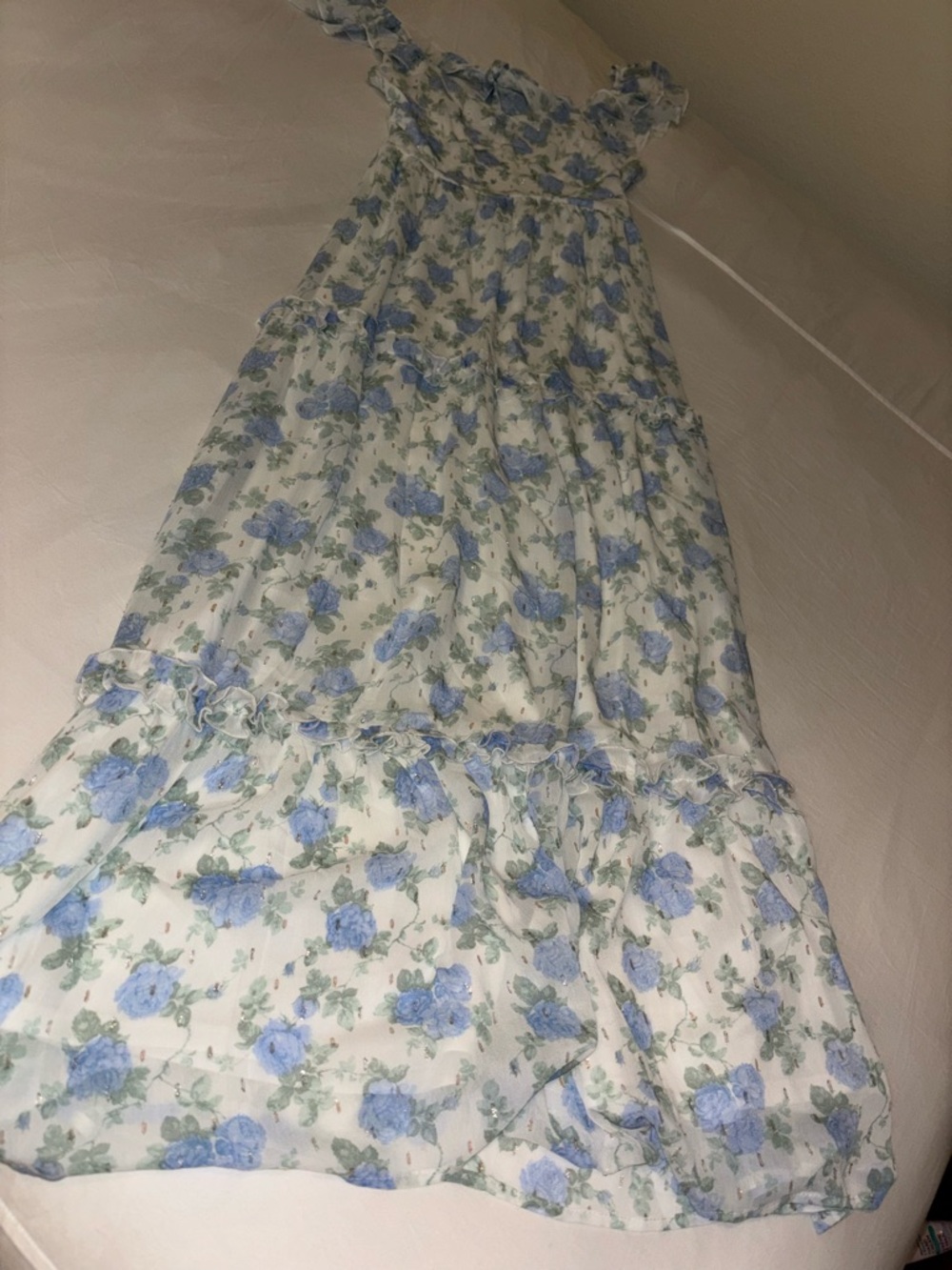 Altar'd State Blue and Cream Floral Ruffle Midi Dress - Picture 5 of 6